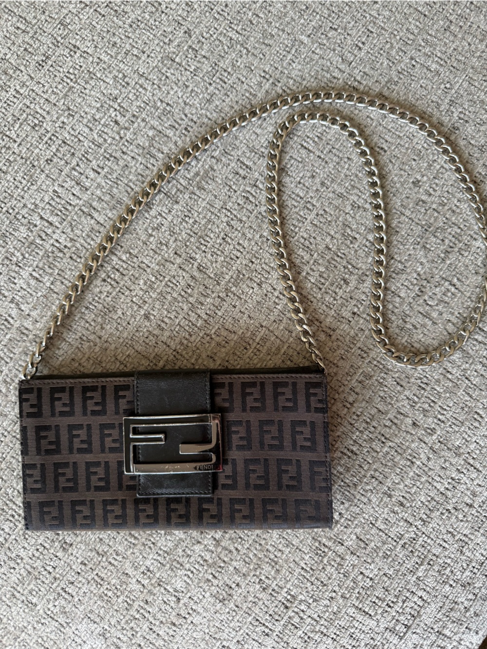Fendi Zucchino Baguette Wallet on Chain with Silver Hardware